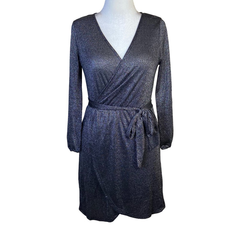 Halogen Size Small Lurex‎ Faux Wrap Long Sleeve Knee Length Dress Glam Party